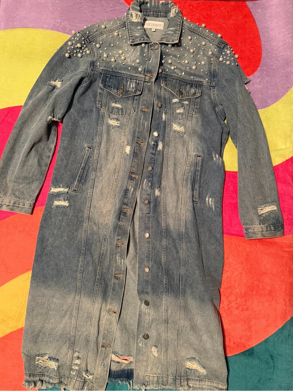 Long Distressed Denim Coat with Studs - Blue